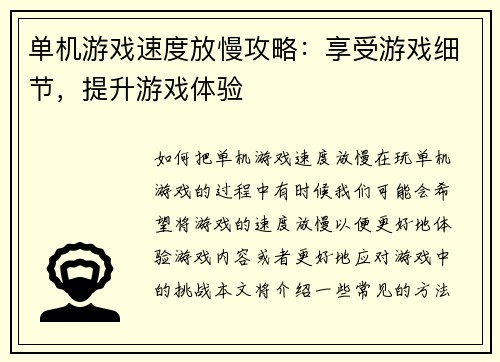 单机游戏速度放慢攻略：享受游戏细节，提升游戏体验
